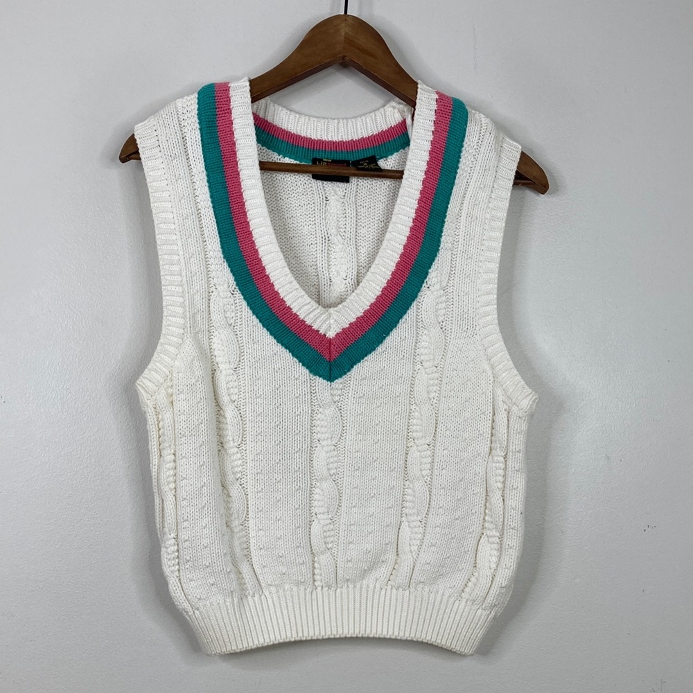 Vintage Sweater Vest Womens Small White Pink Green Cotton Cable Knit Cricket